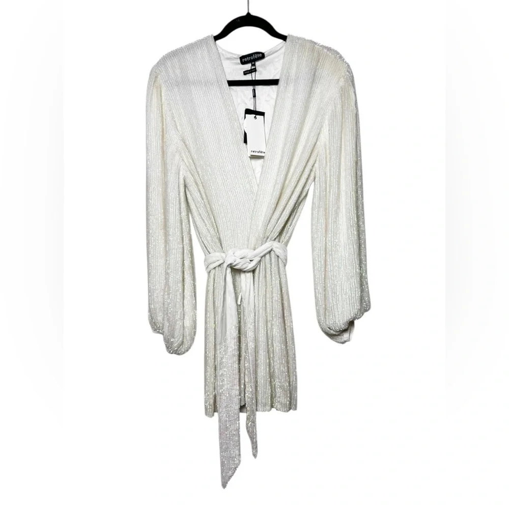 Retrofete Gabrielle Robe Wrap Dress in Iridescent Clear White Womens Medium NWT